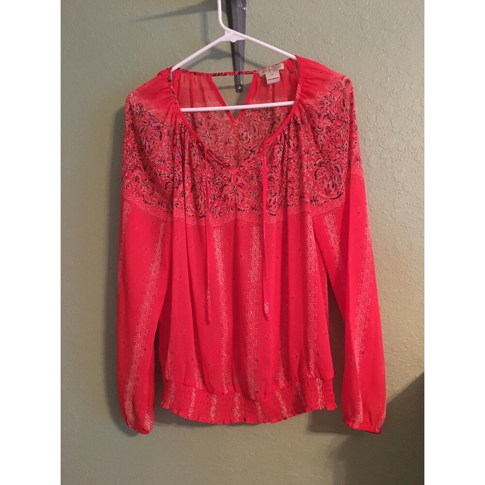 Lucky Brand Women’s Size M Boho Sheer Top Red Black  Long Sleeve  Keyhole Back